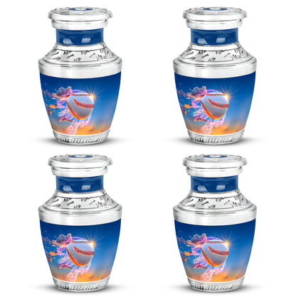 Twilight Blue Baseball Cremation Urn back view with polished surface - artistic baseball interpretation with creative detail - 10 inch aluminum urn for cremated remains