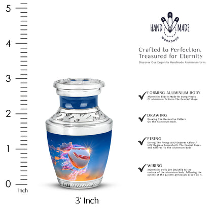 Navy Blue Baseball Cremation Urn top-down view of secure threaded lid - modern art-inspired baseball motif on sleek aluminum - mini keepsake memorial for portion of cremation ashes