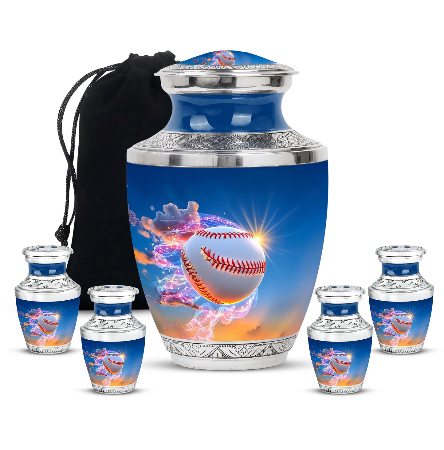 Soft Blue Baseball Cremation Urn lifestyle display on memorial shelf - stylized abstract baseball pattern with bold lines - memorial set with one large and four small urns