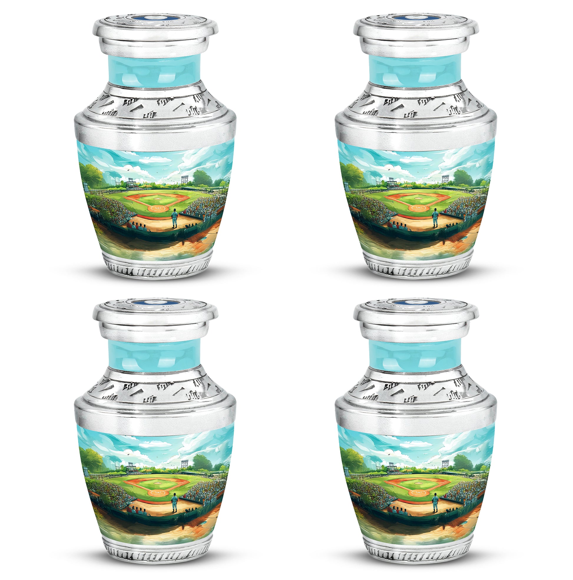 Mystic Teal Baseball Cremation Urn back view with polished surface - stylized abstract baseball pattern with bold lines - 10 inch aluminum urn for cremated remains