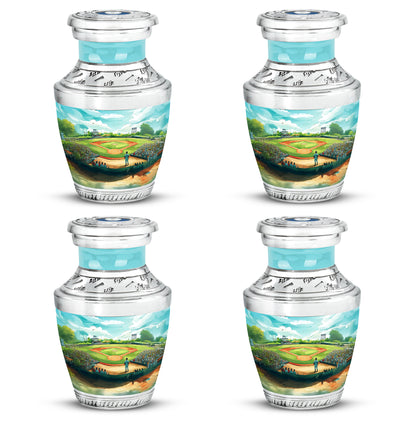 Mystic Teal Baseball Cremation Urn back view with polished surface - stylized abstract baseball pattern with bold lines - 10 inch aluminum urn for cremated remains