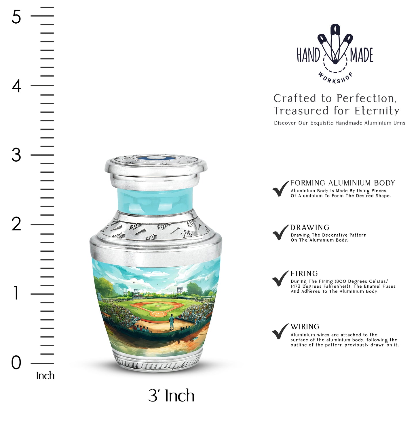 Vivid Teal Baseball Cremation Urn top-down view of secure threaded lid - stylized abstract baseball pattern with bold lines - mini keepsake memorial for portion of cremation ashes