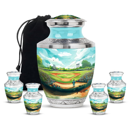 Tropical Teal Baseball Cremation Urn lifestyle display on memorial shelf - artistic baseball interpretation with creative detail - memorial set with one large and four small urns