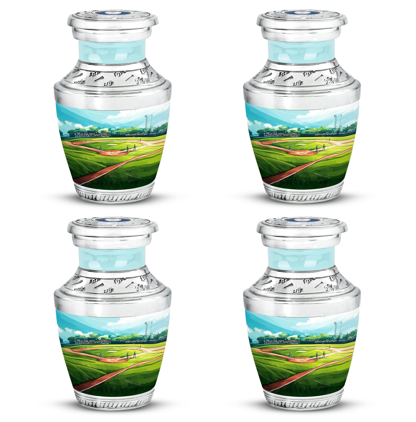 Deep Teal Baseball Cremation Urn back view with polished surface - artistic baseball interpretation with creative detail - 10 inch aluminum urn for cremated remains