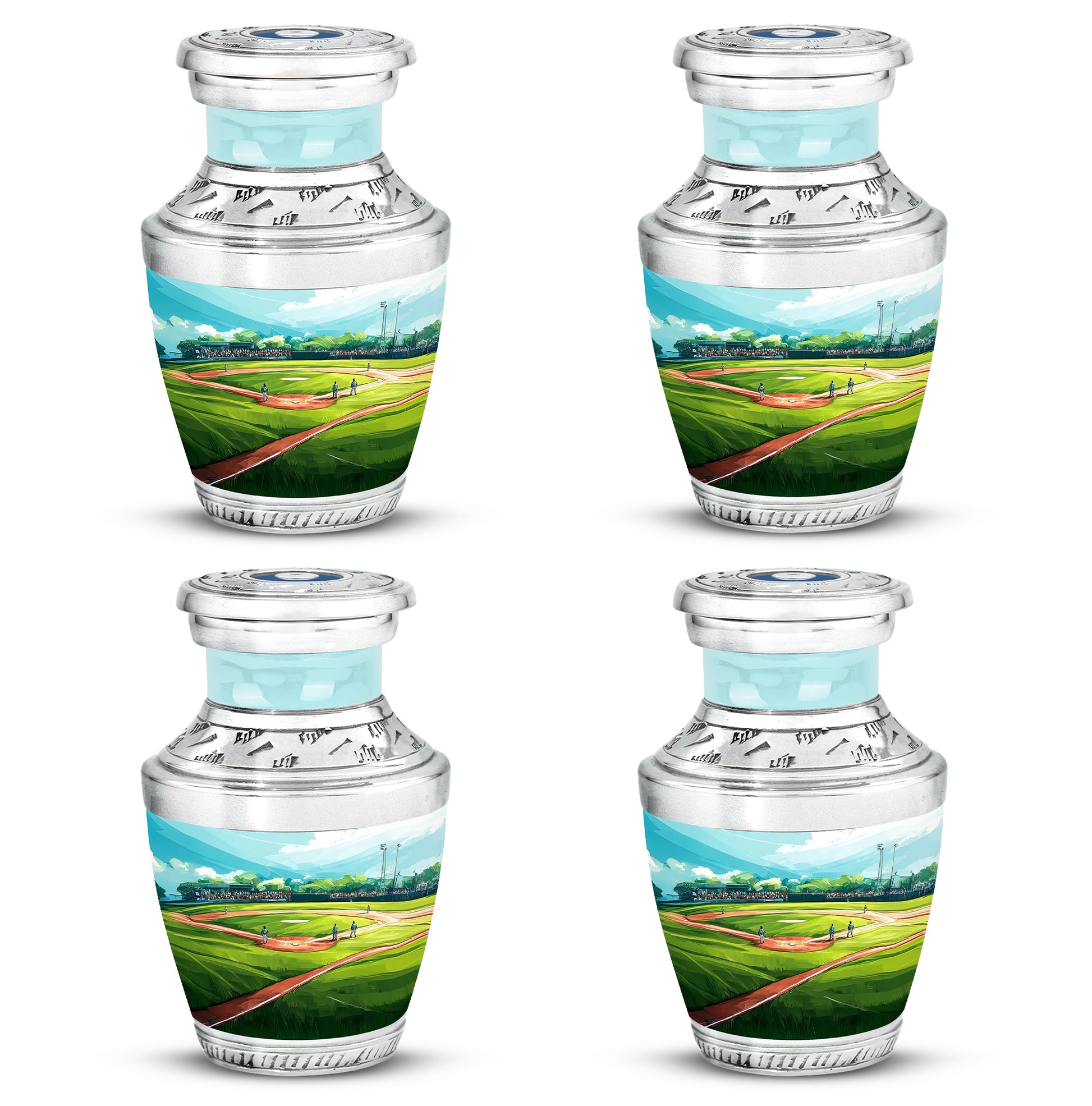 Deep Teal Baseball Cremation Urn back view with polished surface - artistic baseball interpretation with creative detail - 10 inch aluminum urn for cremated remains