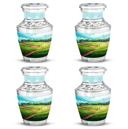 Deep Teal Baseball Cremation Urn back view with polished surface - artistic baseball interpretation with creative detail - 10 inch aluminum urn for cremated remains