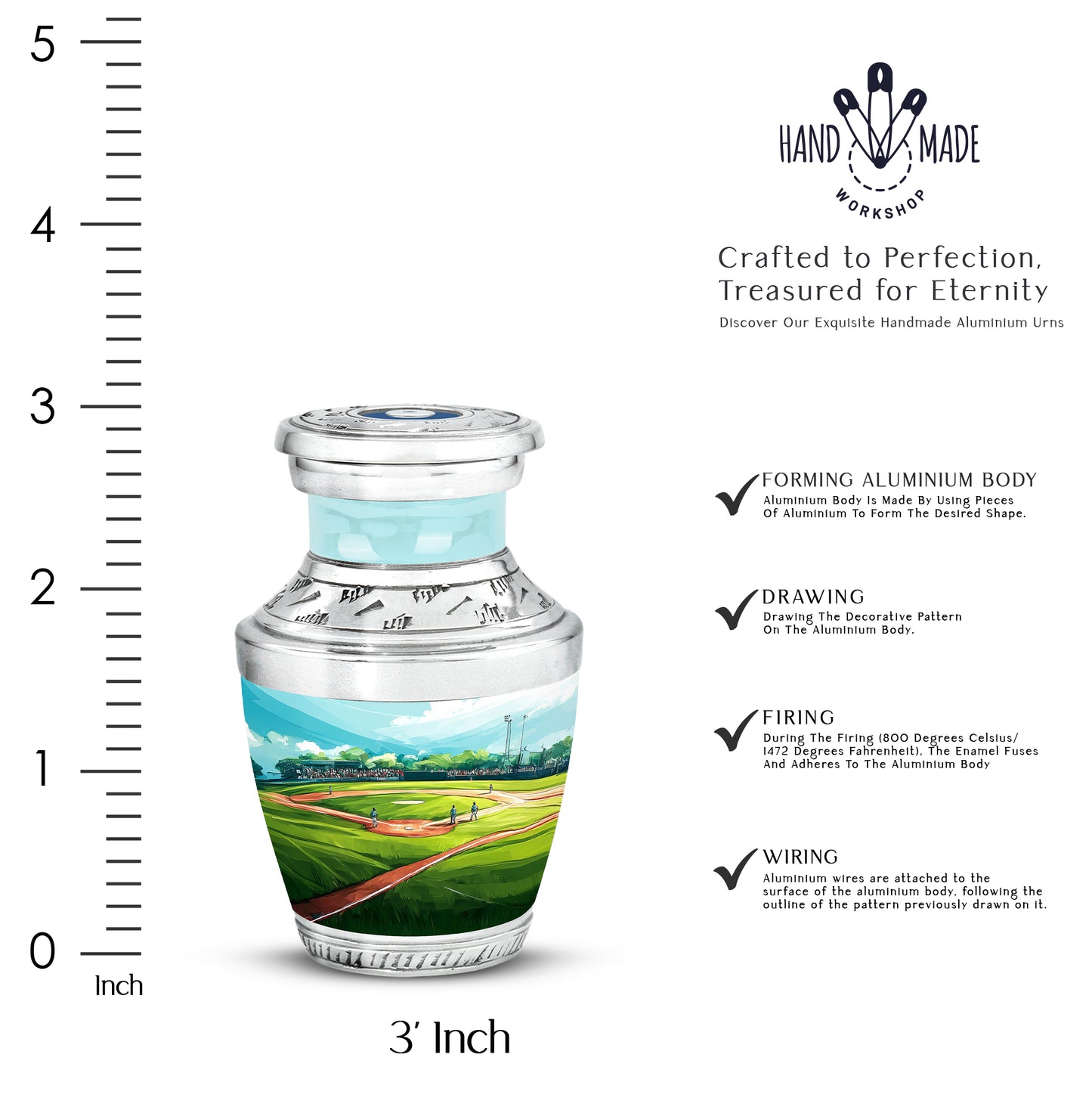 Mystic Teal Baseball Cremation Urn top-down view of secure threaded lid - artistic baseball interpretation with creative detail - mini keepsake memorial for portion of cremation ashes