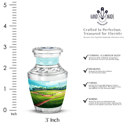 Mystic Teal Baseball Cremation Urn top-down view of secure threaded lid - artistic baseball interpretation with creative detail - mini keepsake memorial for portion of cremation ashes