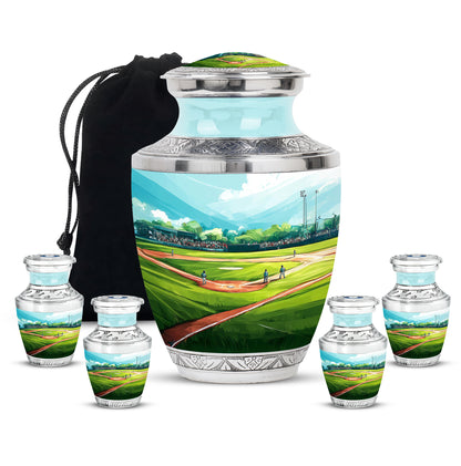 Mystic Teal Baseball Cremation Urn lifestyle display on memorial shelf - artistic baseball interpretation with creative detail - memorial set with one large and four small urns