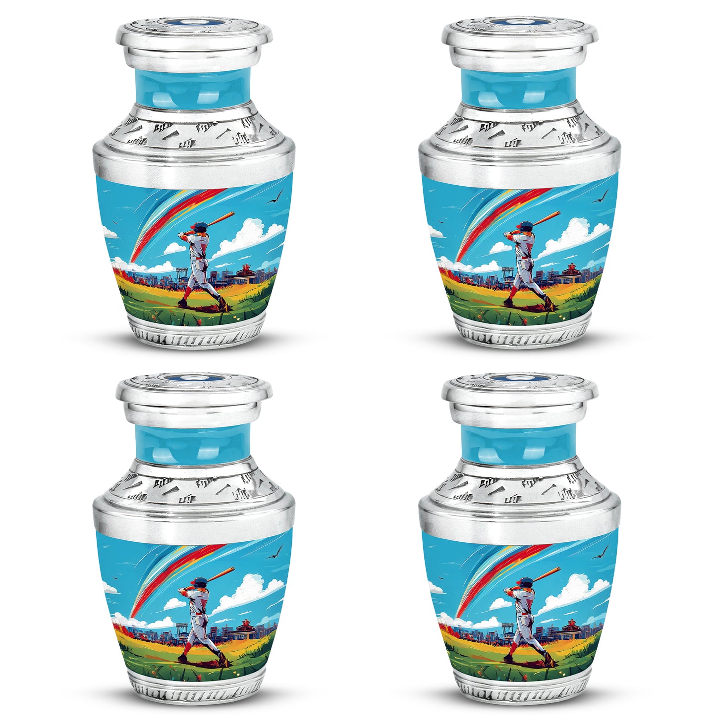 Cool Teal Baseball Cremation Urn back view with polished surface - contemporary baseball design with modern artistic flair - 10 inch aluminum urn for cremated remains