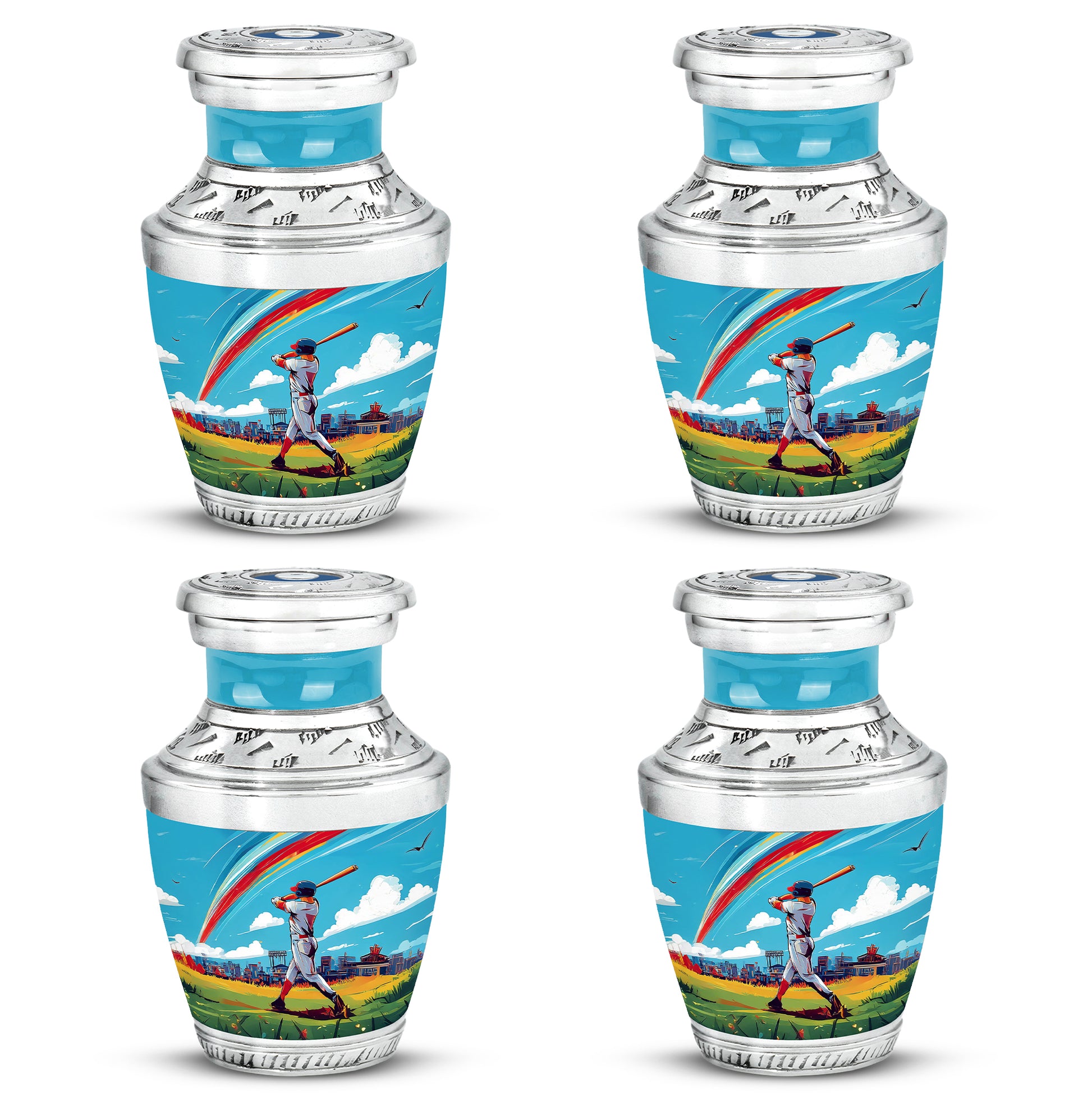 Cool Teal Baseball Cremation Urn back view with polished surface - contemporary baseball design with modern artistic flair - 10 inch aluminum urn for cremated remains
