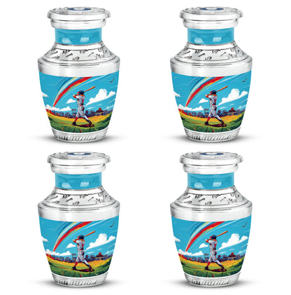Cool Teal Baseball Cremation Urn back view with polished surface - contemporary baseball design with modern artistic flair - 10 inch aluminum urn for cremated remains
