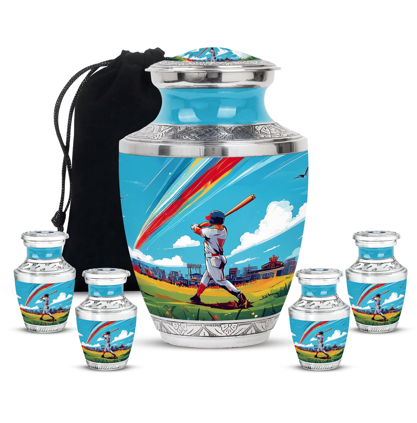 Cool Teal Baseball Cremation Urn lifestyle display on memorial shelf - modern art-inspired baseball motif on sleek aluminum - memorial set with one large and four small urns