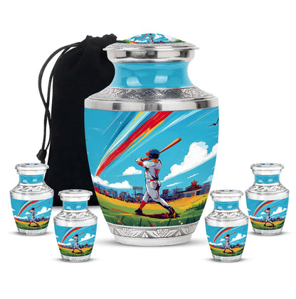 Cool Teal Baseball Cremation Urn lifestyle display on memorial shelf - modern art-inspired baseball motif on sleek aluminum - memorial set with one large and four small urns
