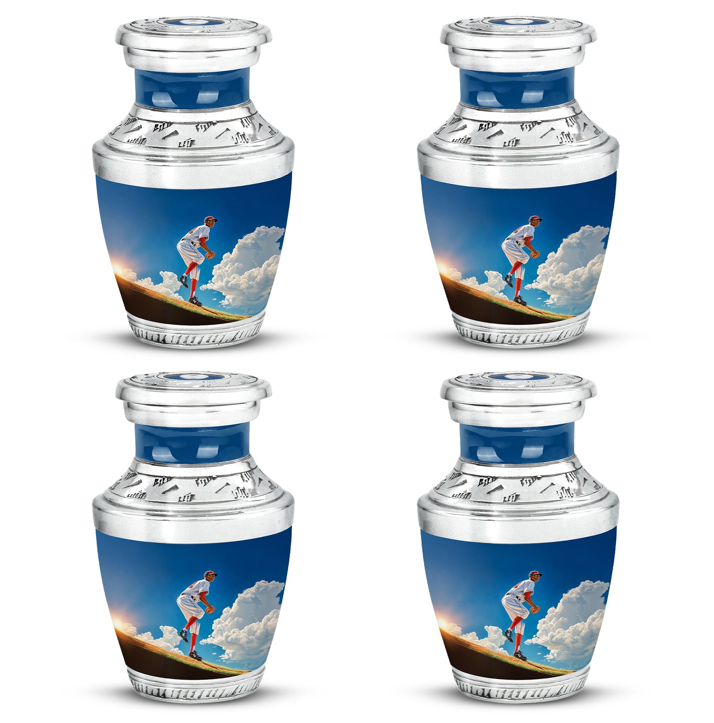 Cornflower Blue Baseball Cremation Urn back view with polished surface - artistic baseball interpretation with creative detail - 10 inch aluminum urn for cremated remains