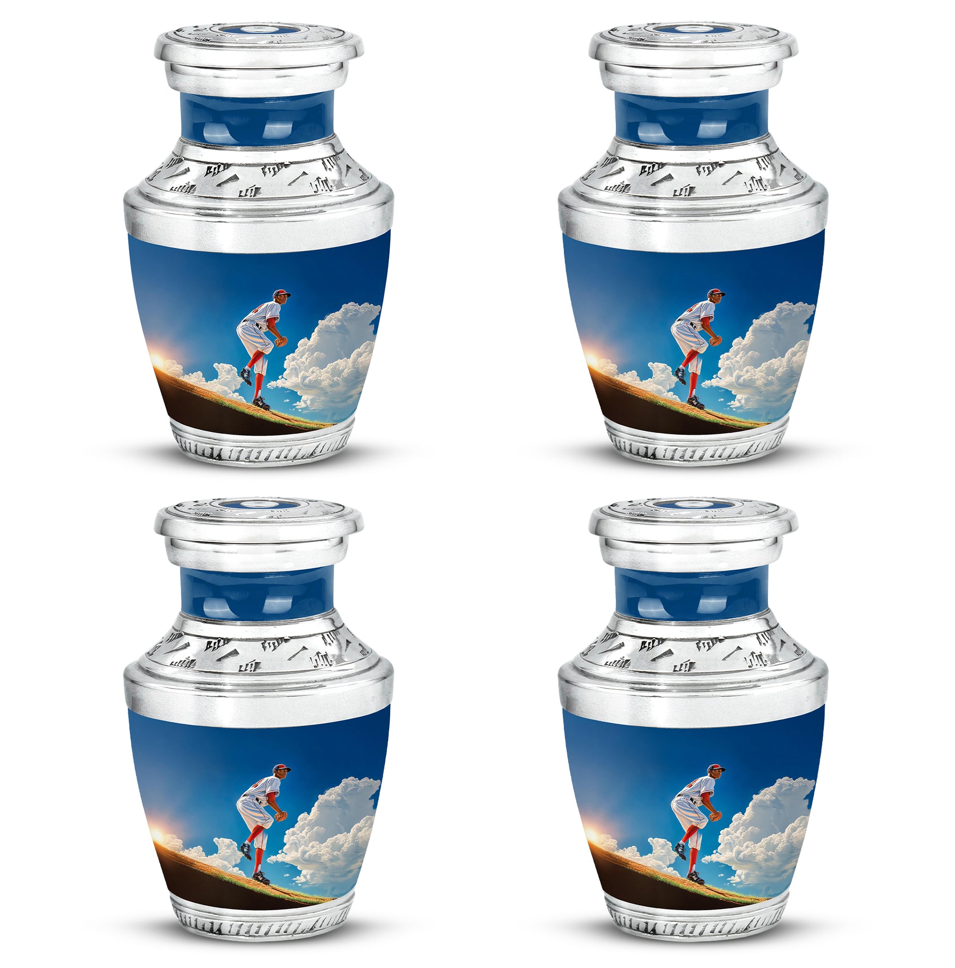 Cornflower Blue Baseball Cremation Urn back view with polished surface - artistic baseball interpretation with creative detail - 10 inch aluminum urn for cremated remains