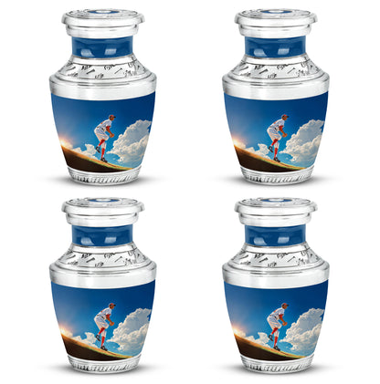 Cornflower Blue Baseball Cremation Urn back view with polished surface - artistic baseball interpretation with creative detail - 10 inch aluminum urn for cremated remains