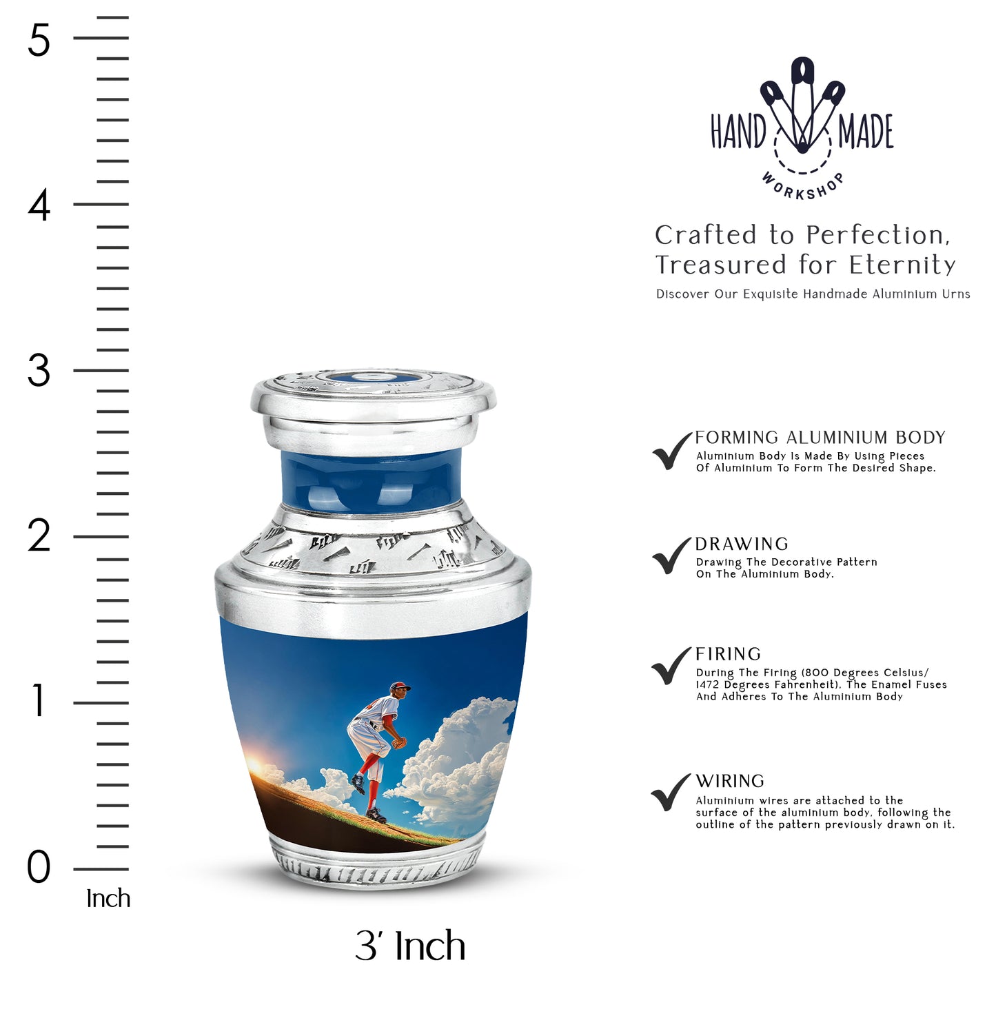 Calming Blue Baseball Cremation Urn top-down view of secure threaded lid - stylized abstract baseball pattern with bold lines - mini keepsake memorial for portion of cremation ashes