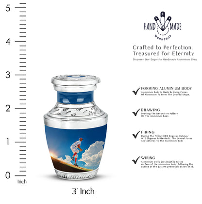 Calming Blue Baseball Cremation Urn top-down view of secure threaded lid - stylized abstract baseball pattern with bold lines - mini keepsake memorial for portion of cremation ashes