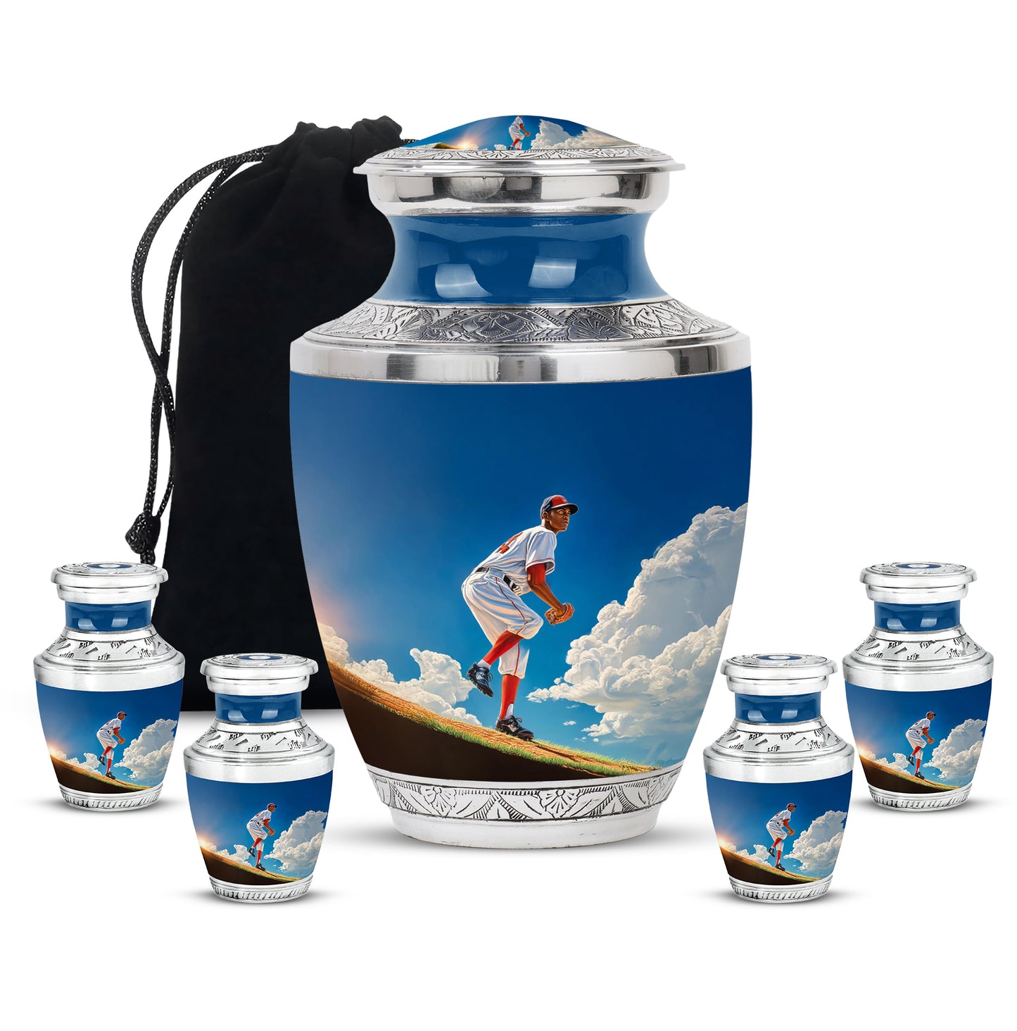 Vivid Blue Baseball Cremation Urn lifestyle display on memorial shelf - artistic baseball interpretation with creative detail - memorial set with one large and four small urns