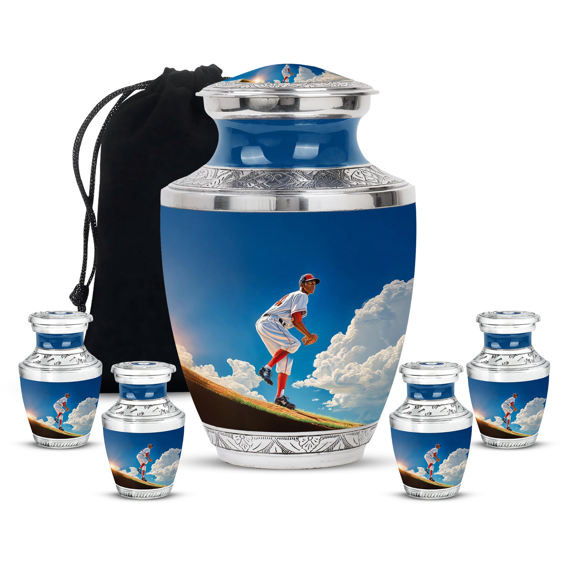 Vivid Blue Baseball Cremation Urn lifestyle display on memorial shelf - artistic baseball interpretation with creative detail - memorial set with one large and four small urns