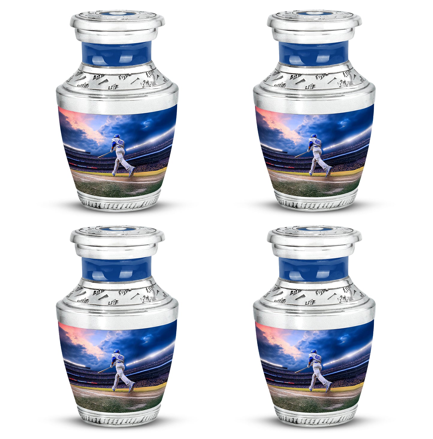 Steel Blue Baseball Cremation Urn back view with polished surface - stylized abstract baseball pattern with bold lines - 10 inch aluminum urn for cremated remains