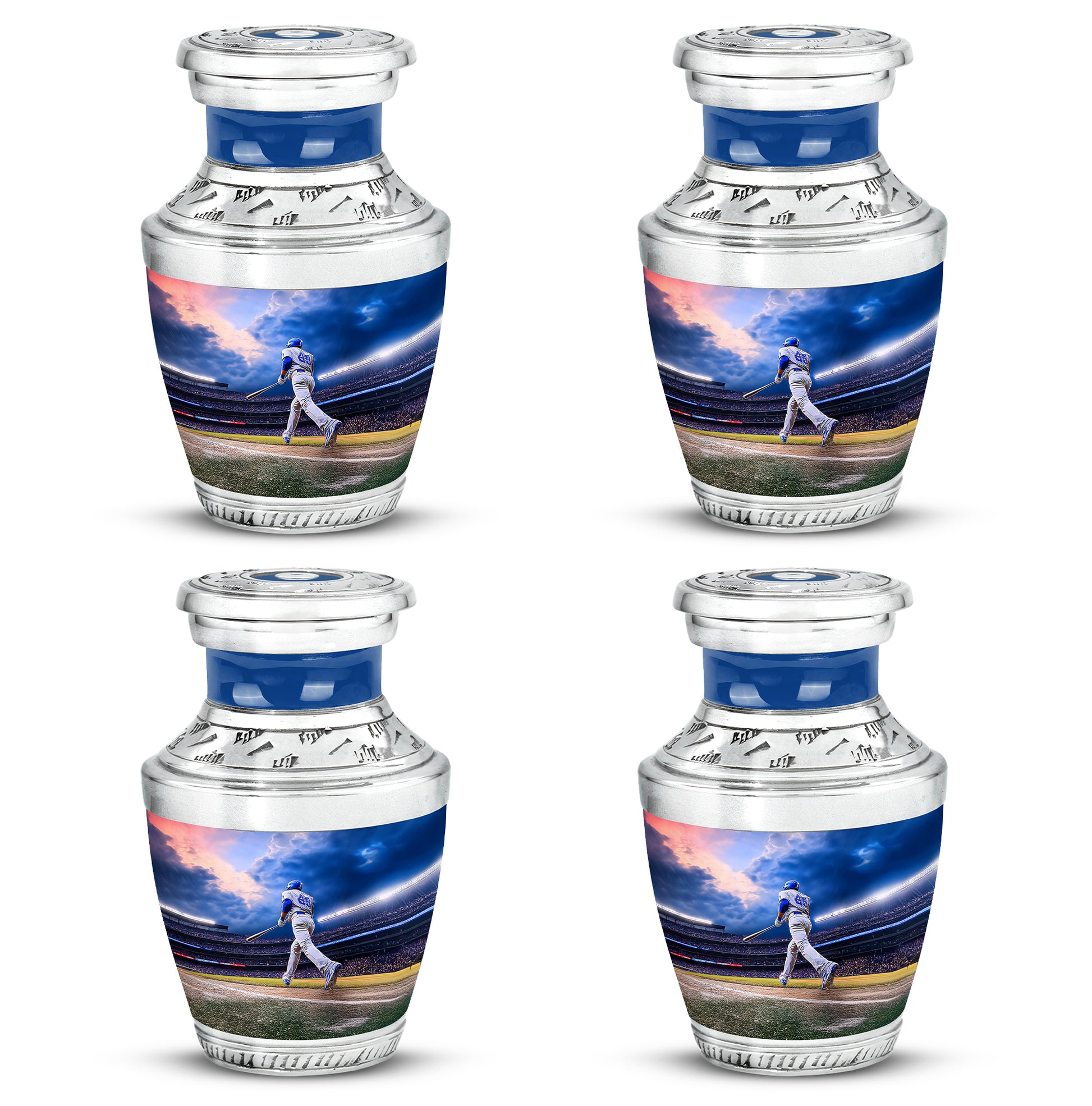 Steel Blue Baseball Cremation Urn back view with polished surface - stylized abstract baseball pattern with bold lines - 10 inch aluminum urn for cremated remains