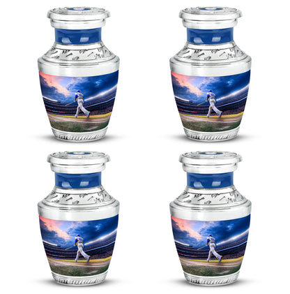 Steel Blue Baseball Cremation Urn back view with polished surface - stylized abstract baseball pattern with bold lines - 10 inch aluminum urn for cremated remains