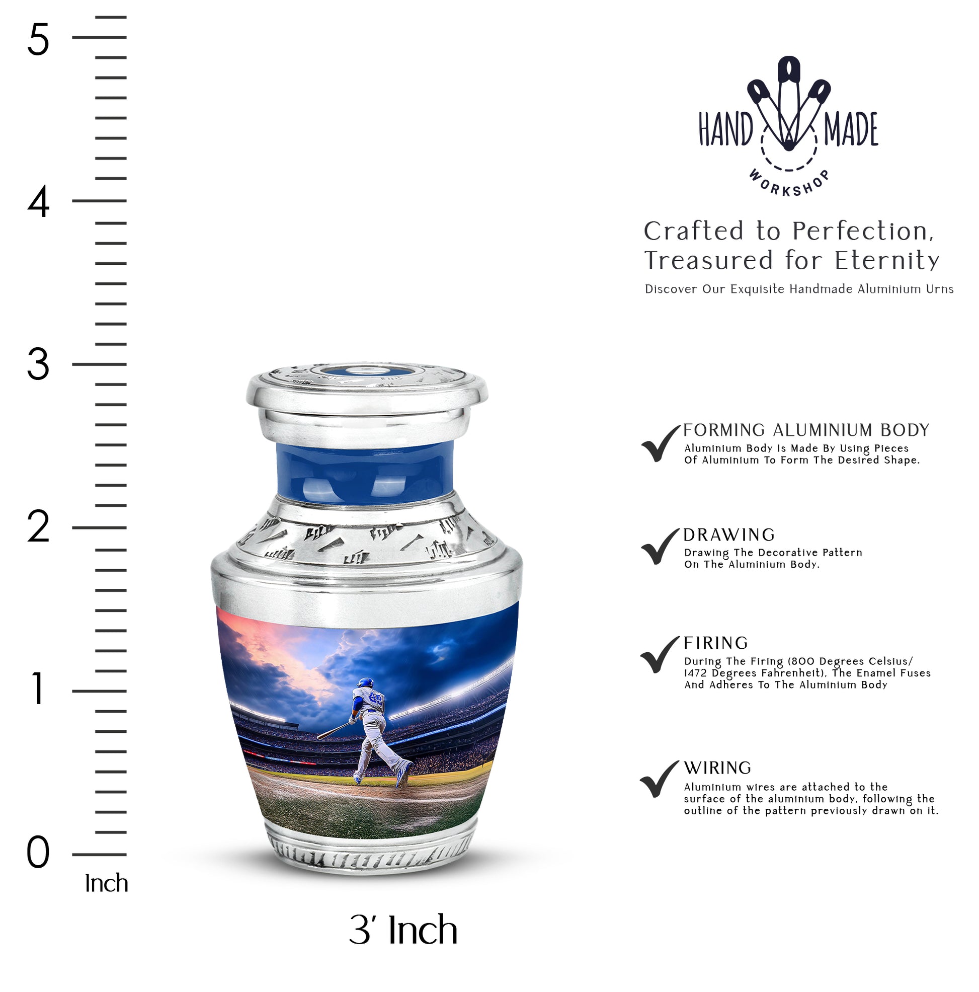 Sapphire Blue Baseball Cremation Urn top-down view of secure threaded lid - artistic baseball interpretation with creative detail - mini keepsake memorial for portion of cremation ashes