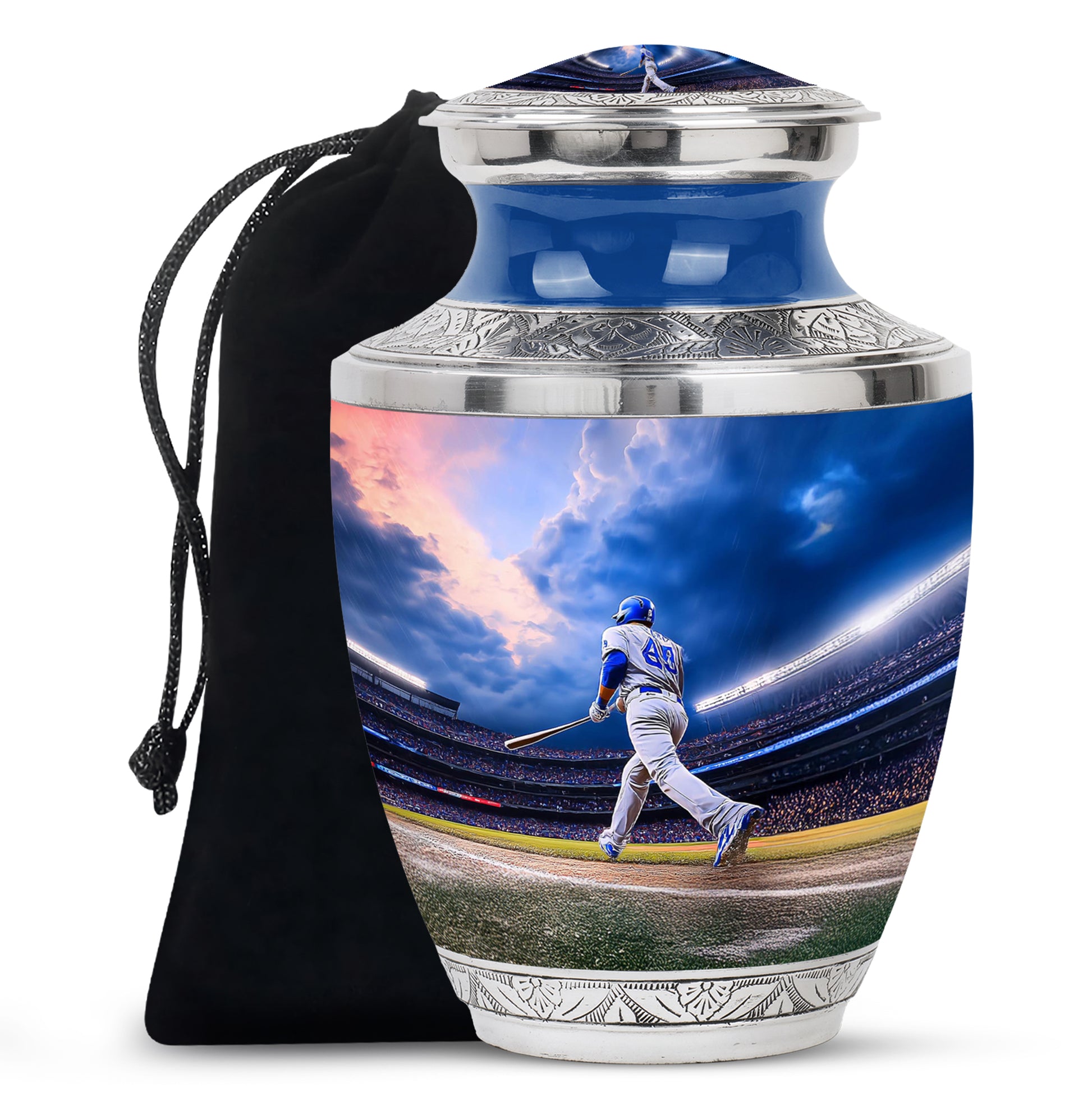 Bright Blue Baseball Cremation Urn side profile showing urn shape - stylized abstract baseball pattern with bold lines - full-size 10 inch 200 cubic inch adult cremation urn