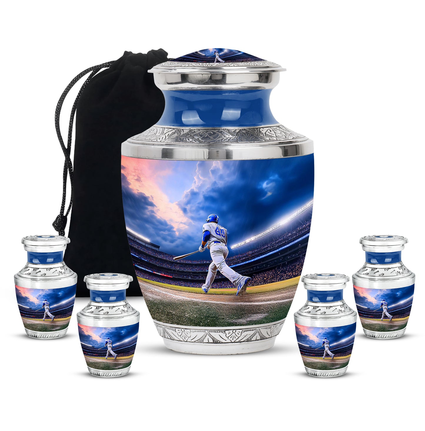 Azure Baseball Cremation Urn lifestyle display on memorial shelf - contemporary baseball design with modern artistic flair - memorial set with one large and four small urns