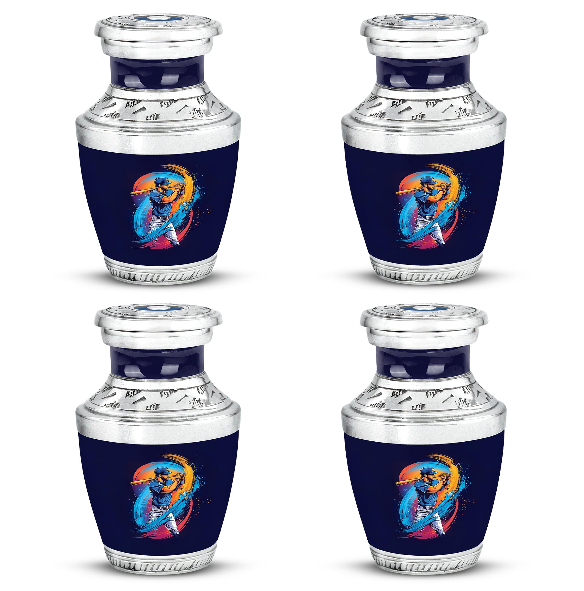 Navy Blue Baseball Cremation Urn back view with polished surface - contemporary baseball design with modern artistic flair - 10 inch aluminum urn for cremated remains