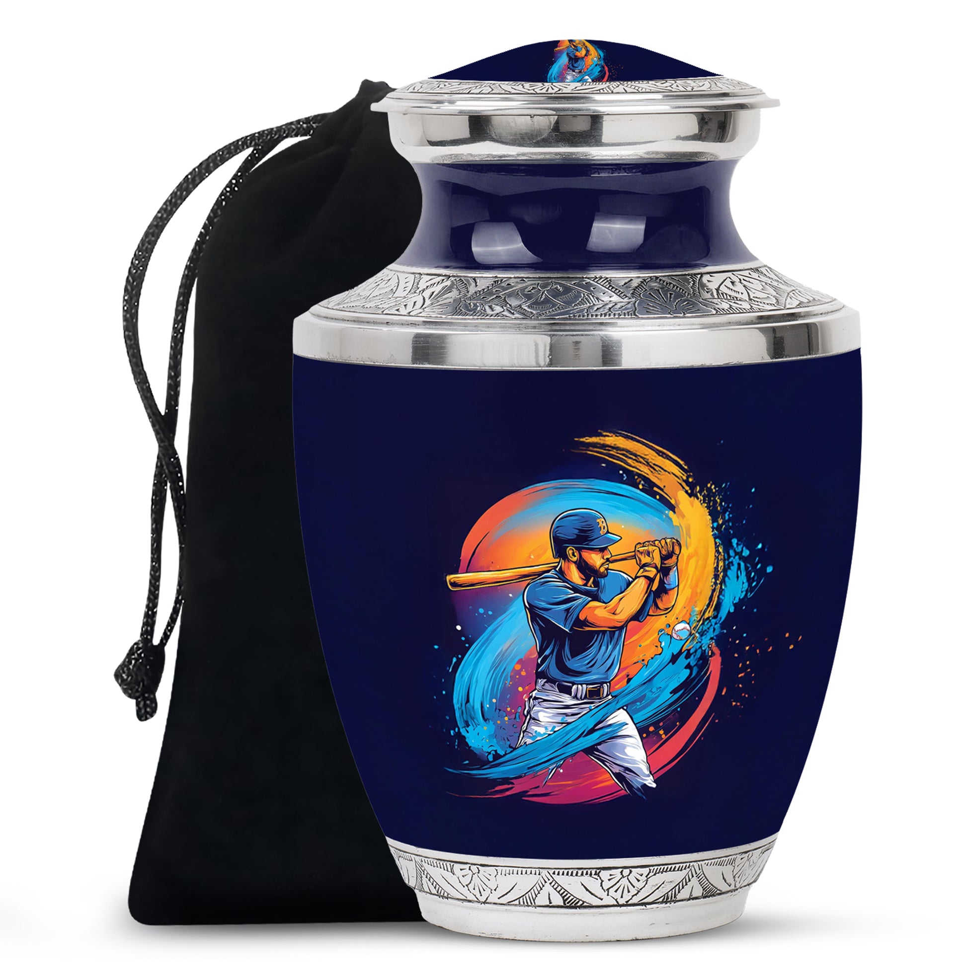 Steel Blue Baseball Cremation Urn side profile showing urn shape - stylized abstract baseball pattern with bold lines - full-size 10 inch 200 cubic inch adult cremation urn