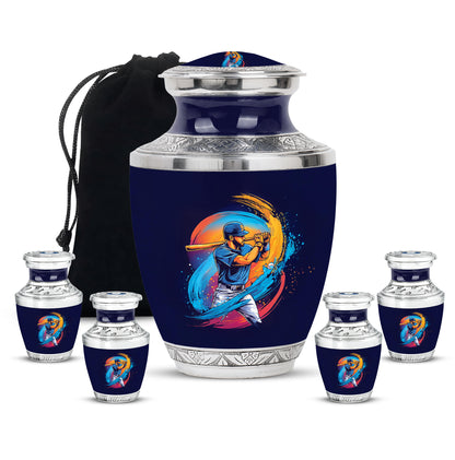 Soft Blue Baseball Cremation Urn lifestyle display on memorial shelf - stylized abstract baseball pattern with bold lines - memorial set with one large and four small urns