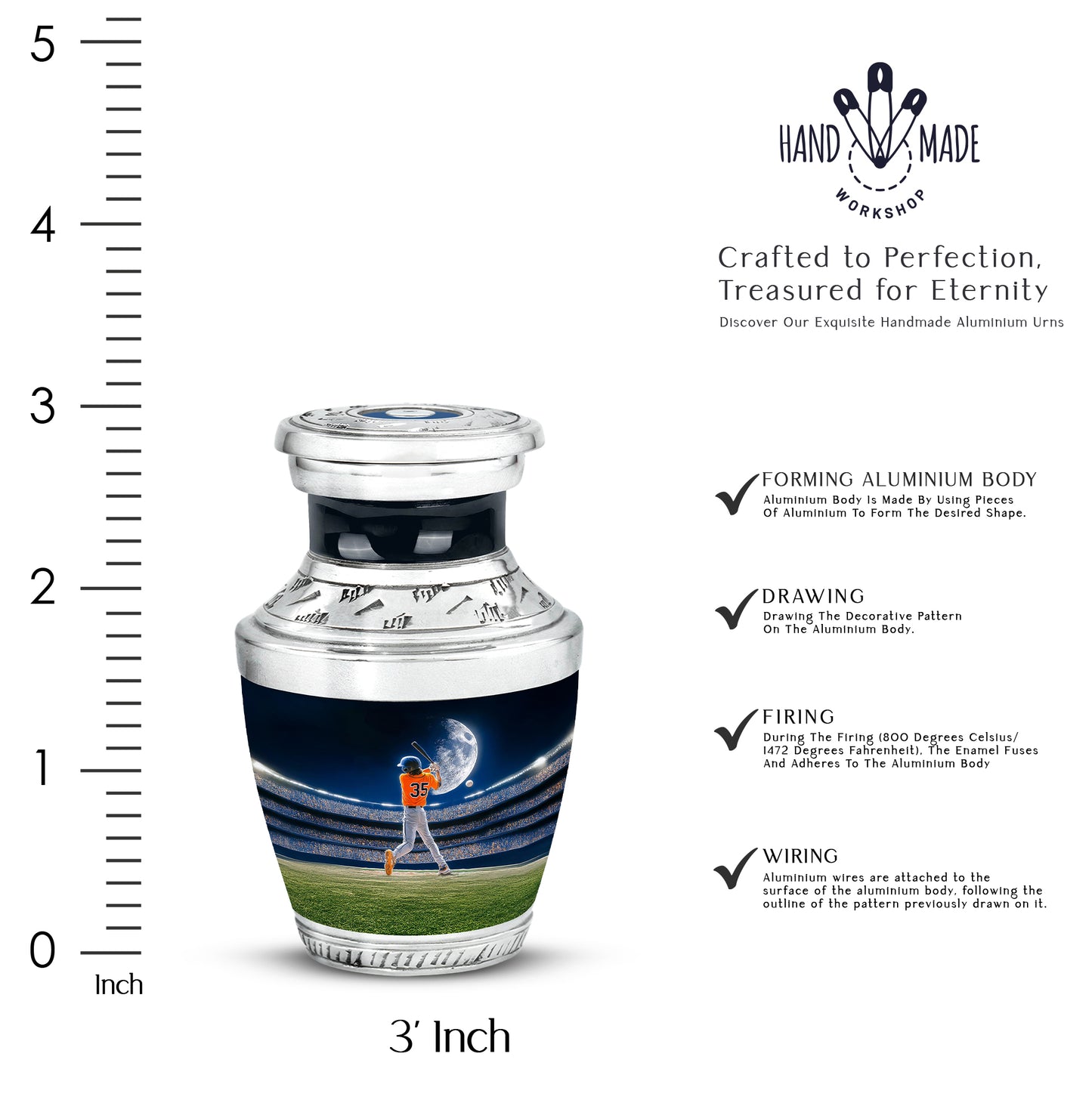 Royal Blue Baseball Cremation Urn top-down view of secure threaded lid - stylized abstract baseball pattern with bold lines - mini keepsake memorial for portion of cremation ashes