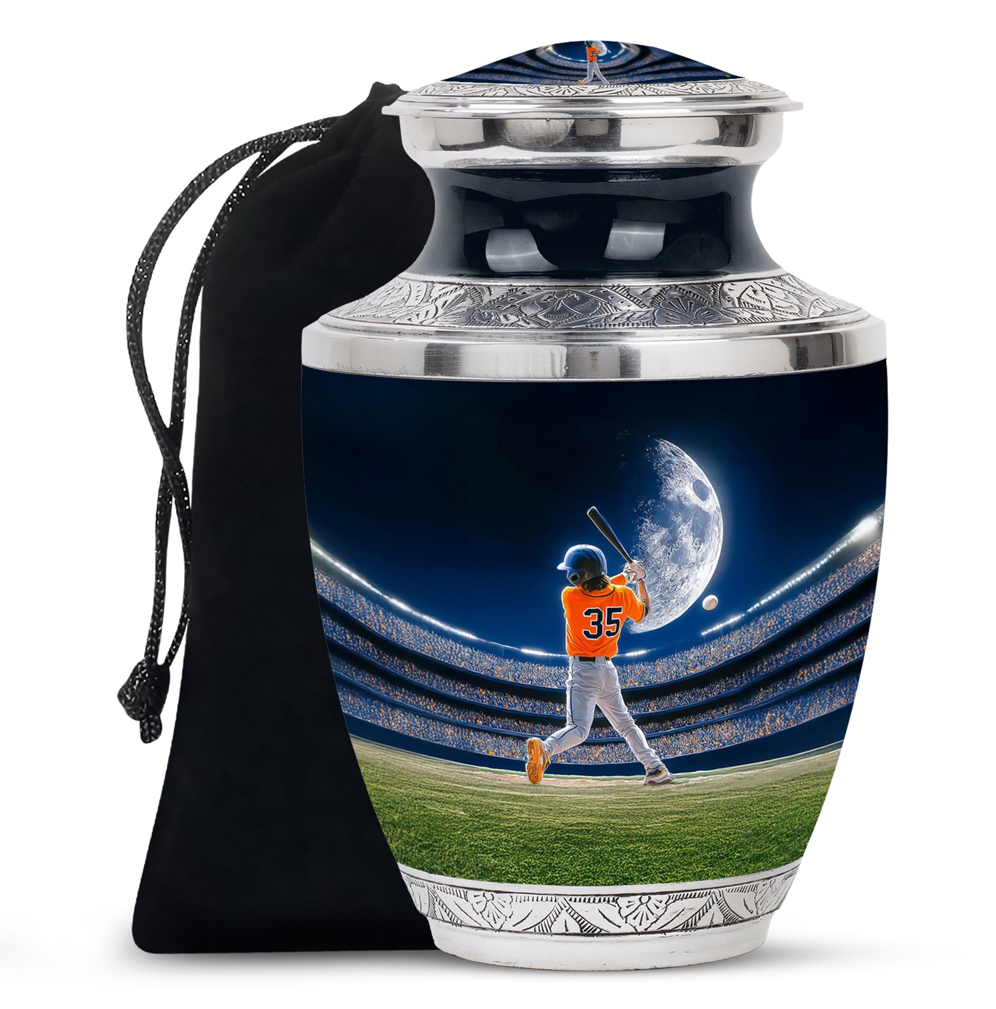 Sapphire Blue Baseball Cremation Urn side profile showing urn shape - stylized abstract baseball pattern with bold lines - full-size 10 inch 200 cubic inch adult cremation urn