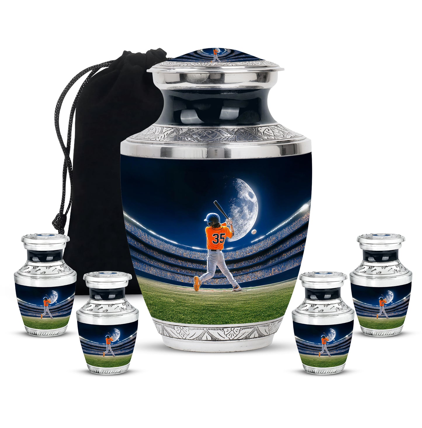 Serene Blue Baseball Cremation Urn lifestyle display on memorial shelf - artistic baseball interpretation with creative detail - memorial set with one large and four small urns