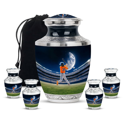 Serene Blue Baseball Cremation Urn lifestyle display on memorial shelf - artistic baseball interpretation with creative detail - memorial set with one large and four small urns
