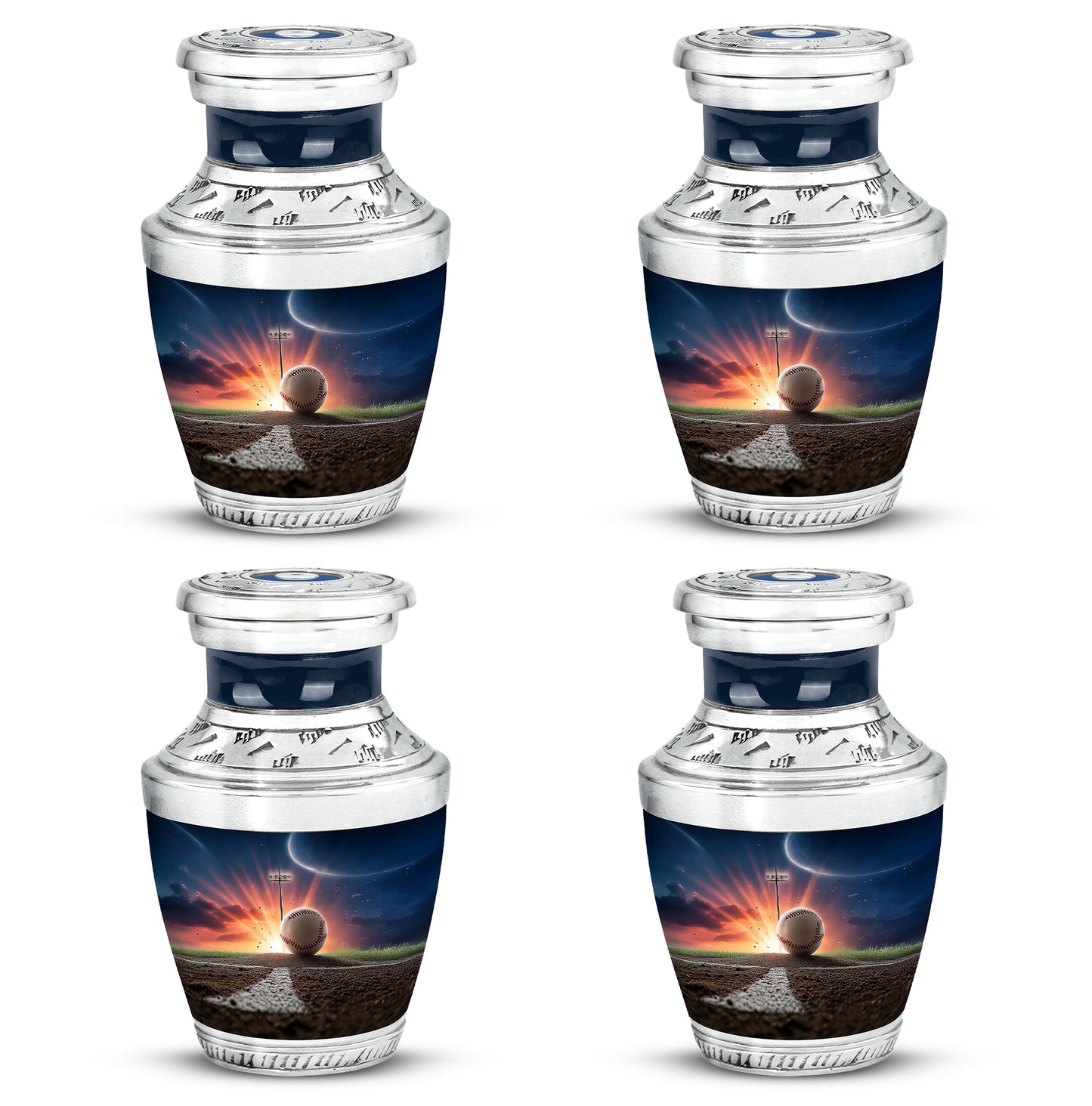 Steel Blue Baseball Cremation Urn back view with polished surface - artistic baseball interpretation with creative detail - 10 inch aluminum urn for cremated remains