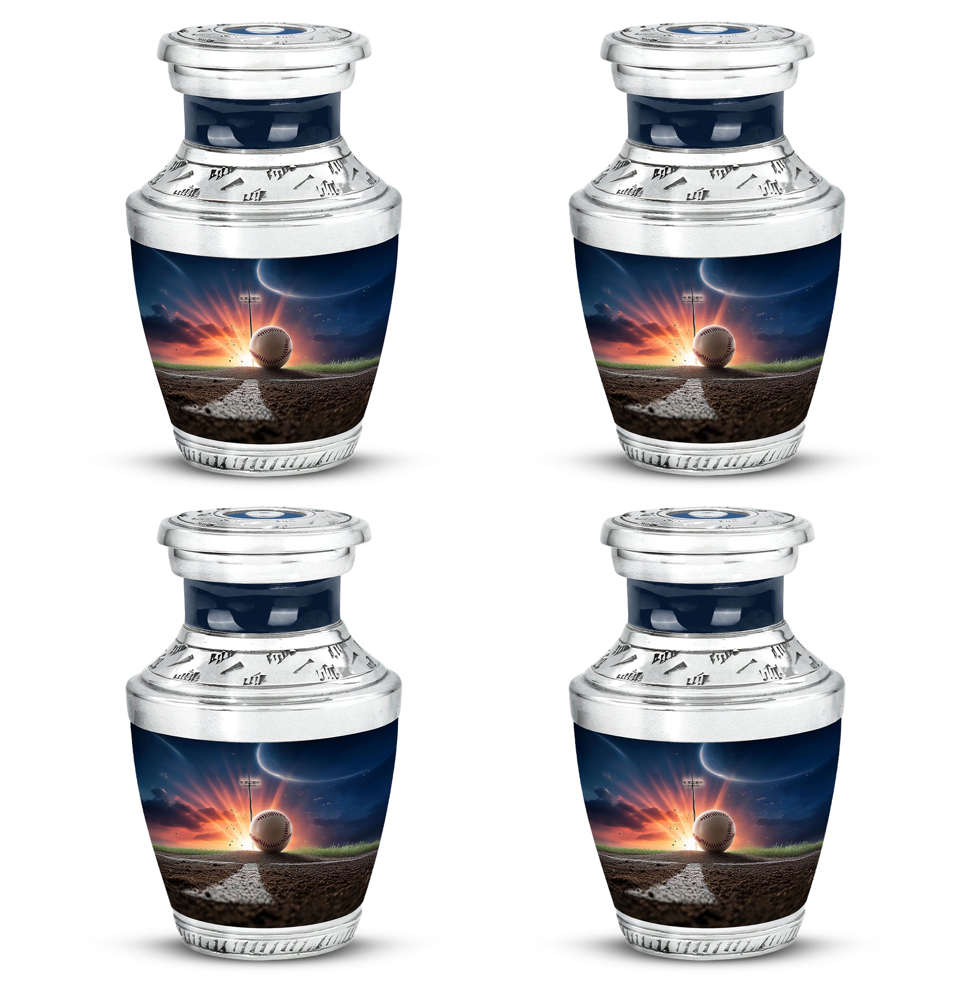 Steel Blue Baseball Cremation Urn back view with polished surface - artistic baseball interpretation with creative detail - 10 inch aluminum urn for cremated remains