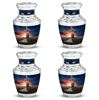 Steel Blue Baseball Cremation Urn back view with polished surface - artistic baseball interpretation with creative detail - 10 inch aluminum urn for cremated remains