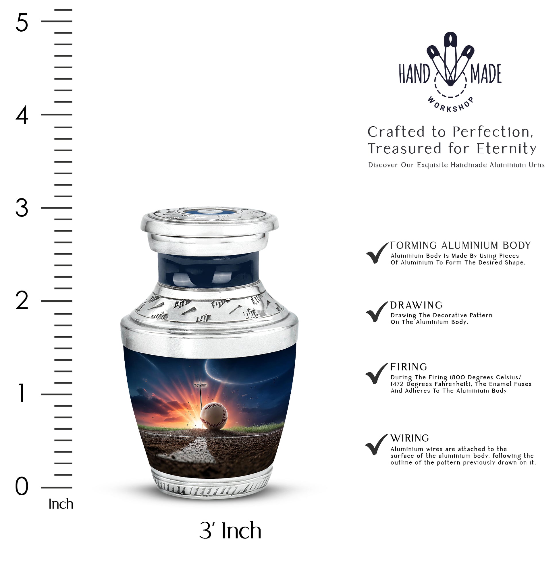 Steel Blue Baseball Cremation Urn top-down view of secure threaded lid - stylized abstract baseball pattern with bold lines - mini keepsake memorial for portion of cremation ashes