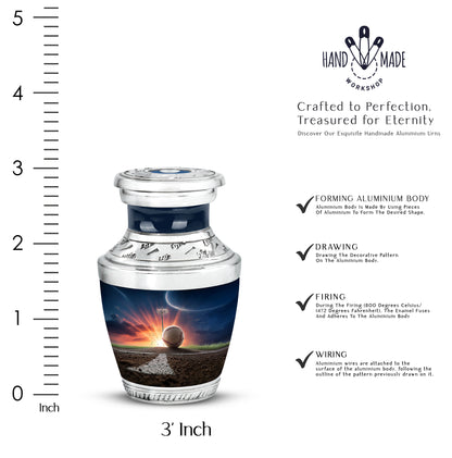 Steel Blue Baseball Cremation Urn top-down view of secure threaded lid - stylized abstract baseball pattern with bold lines - mini keepsake memorial for portion of cremation ashes