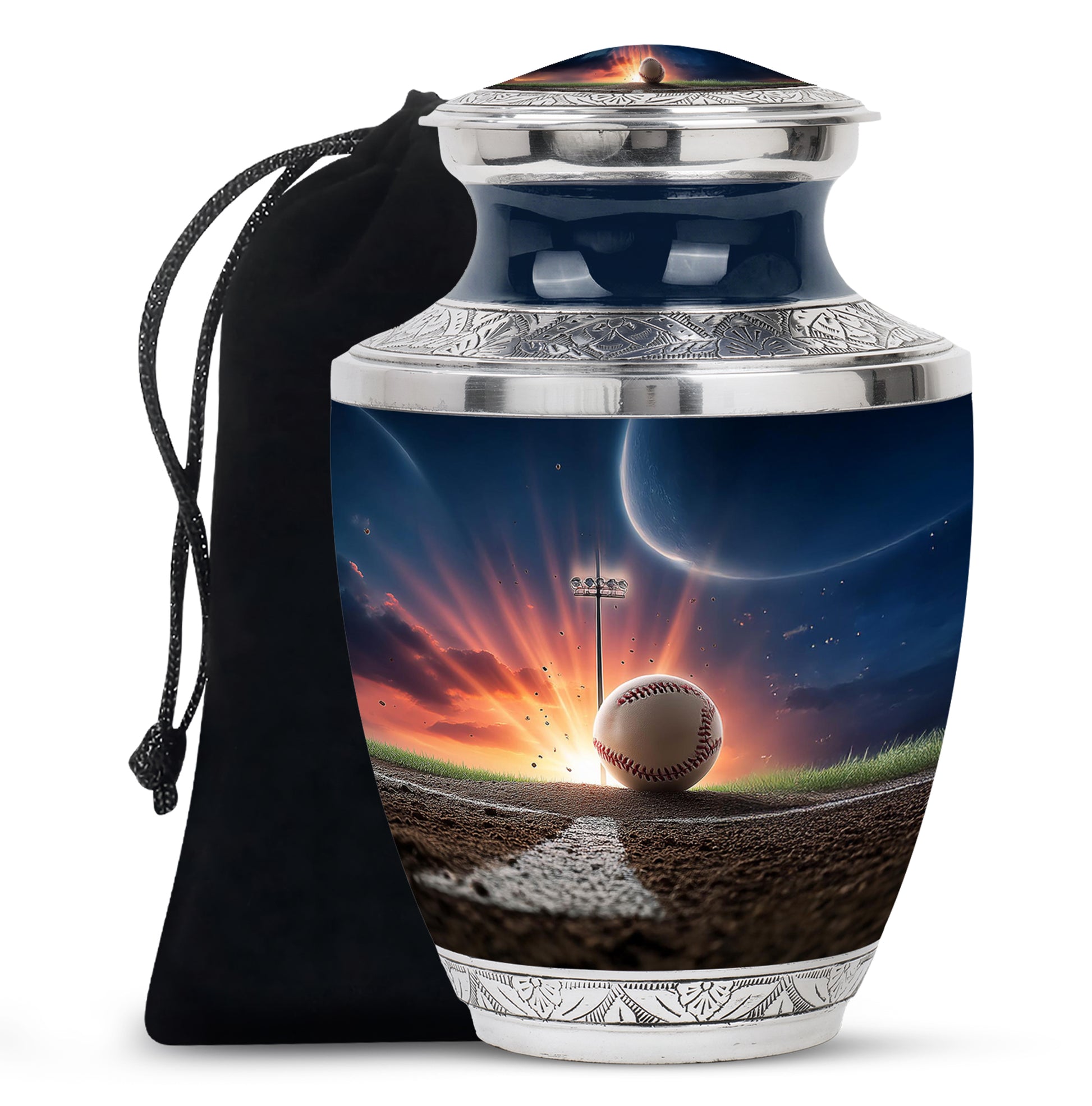 Twilight Blue Baseball Cremation Urn side profile showing urn shape - artistic baseball interpretation with creative detail - full-size 10 inch 200 cubic inch adult cremation urn