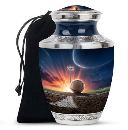Twilight Blue Baseball Cremation Urn side profile showing urn shape - artistic baseball interpretation with creative detail - full-size 10 inch 200 cubic inch adult cremation urn