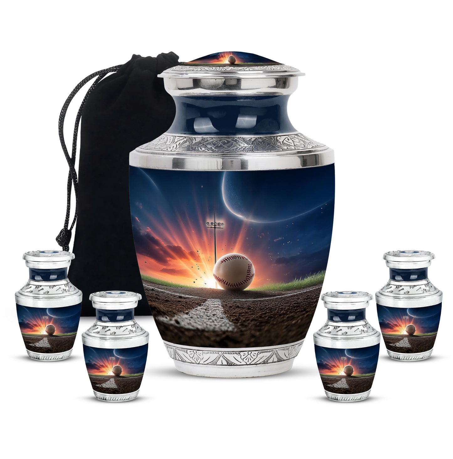 Sky Blue Baseball Cremation Urn lifestyle display on memorial shelf - contemporary baseball design with modern artistic flair - memorial set with one large and four small urns