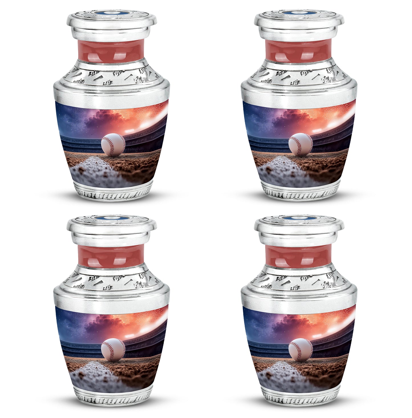 Plum Purple Baseball Cremation Urn back view with polished surface - modern art-inspired baseball motif on sleek aluminum - 10 inch aluminum urn for cremated remains