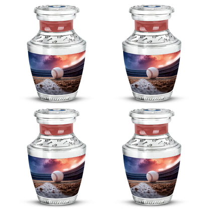 Plum Purple Baseball Cremation Urn back view with polished surface - modern art-inspired baseball motif on sleek aluminum - 10 inch aluminum urn for cremated remains