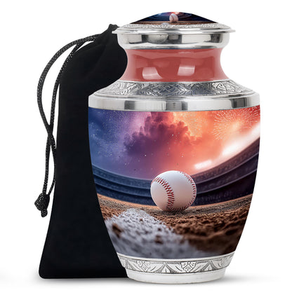 Plum Purple Baseball Cremation Urn side profile showing urn shape - contemporary baseball design with modern artistic flair - full-size 10 inch 200 cubic inch adult cremation urn