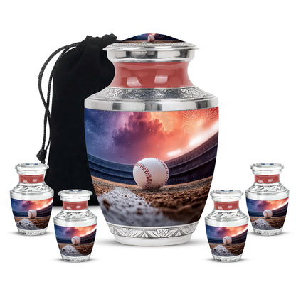 Plum Purple Baseball Cremation Urn lifestyle display on memorial shelf - contemporary baseball design with modern artistic flair - memorial set with one large and four small urns